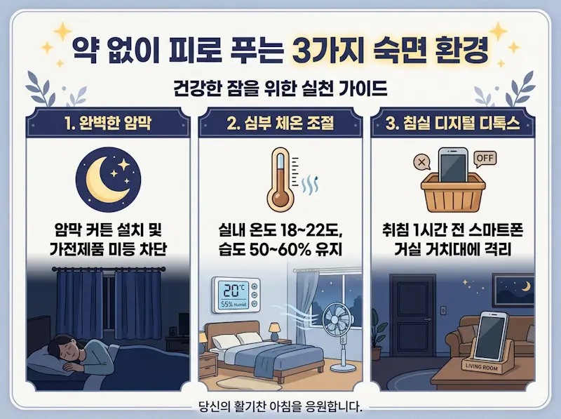 만성 피로 수면 질 개선법 숙면 침실 환경 암막 온도 조절