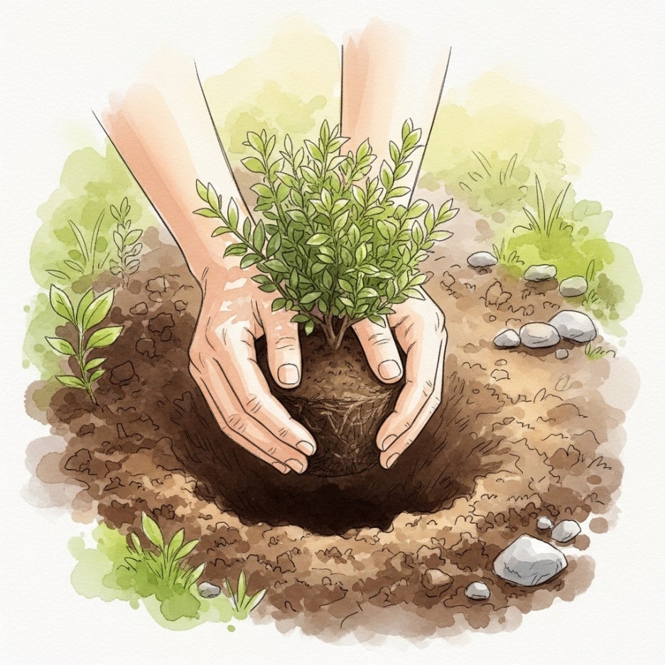 정성스럽게 정원에 묘목을 심고 있는 손길