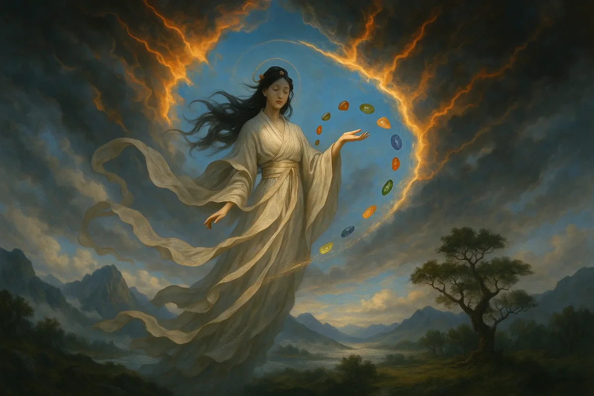 보석을 다루는 동양 여신의 신화적 이미지