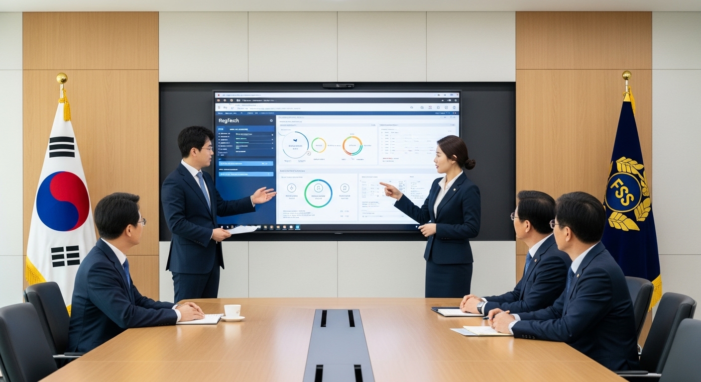a RegTech dashboard on a large display to government officials in suits
