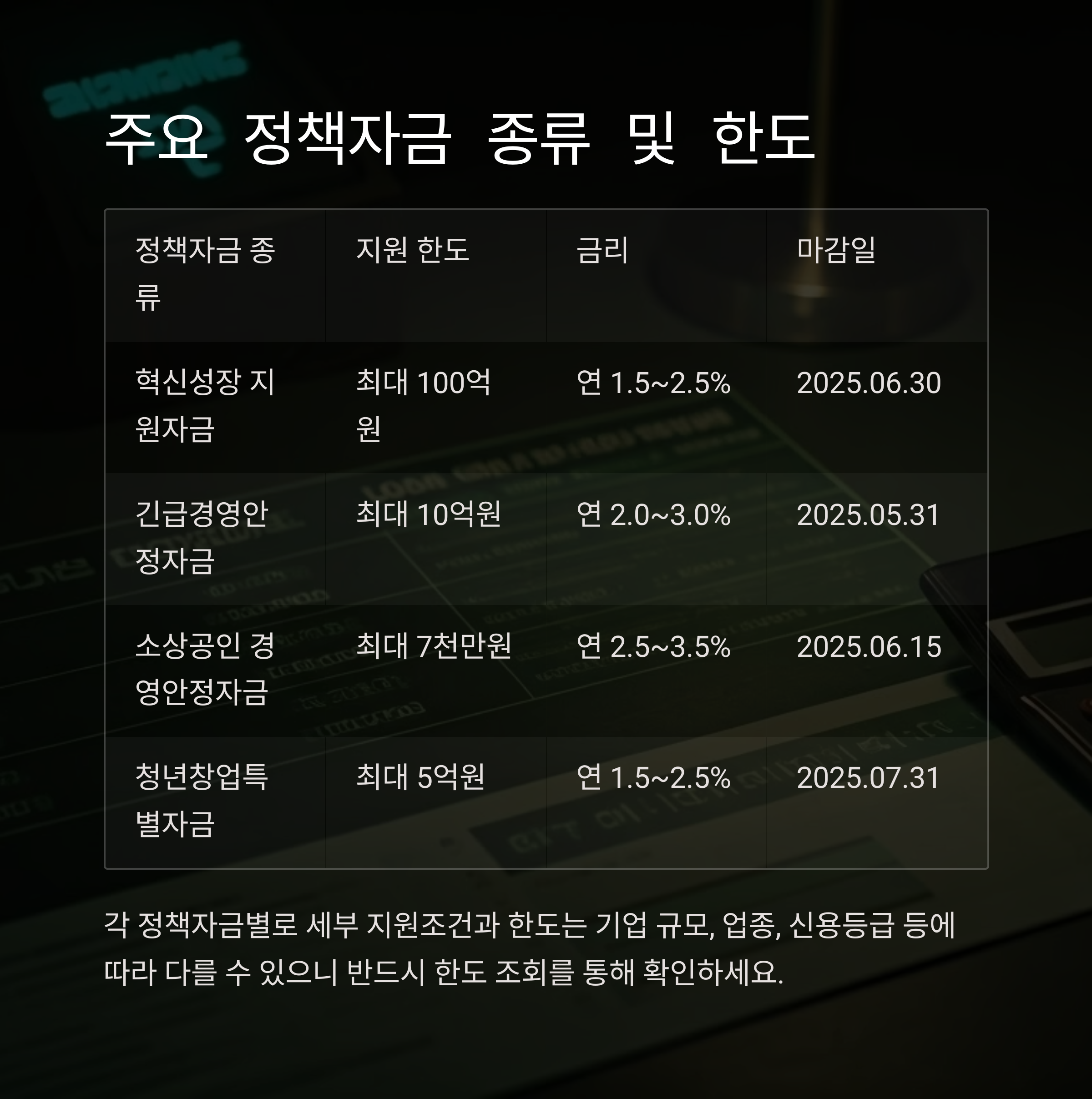 2025년 정책자금 종류 및 한도