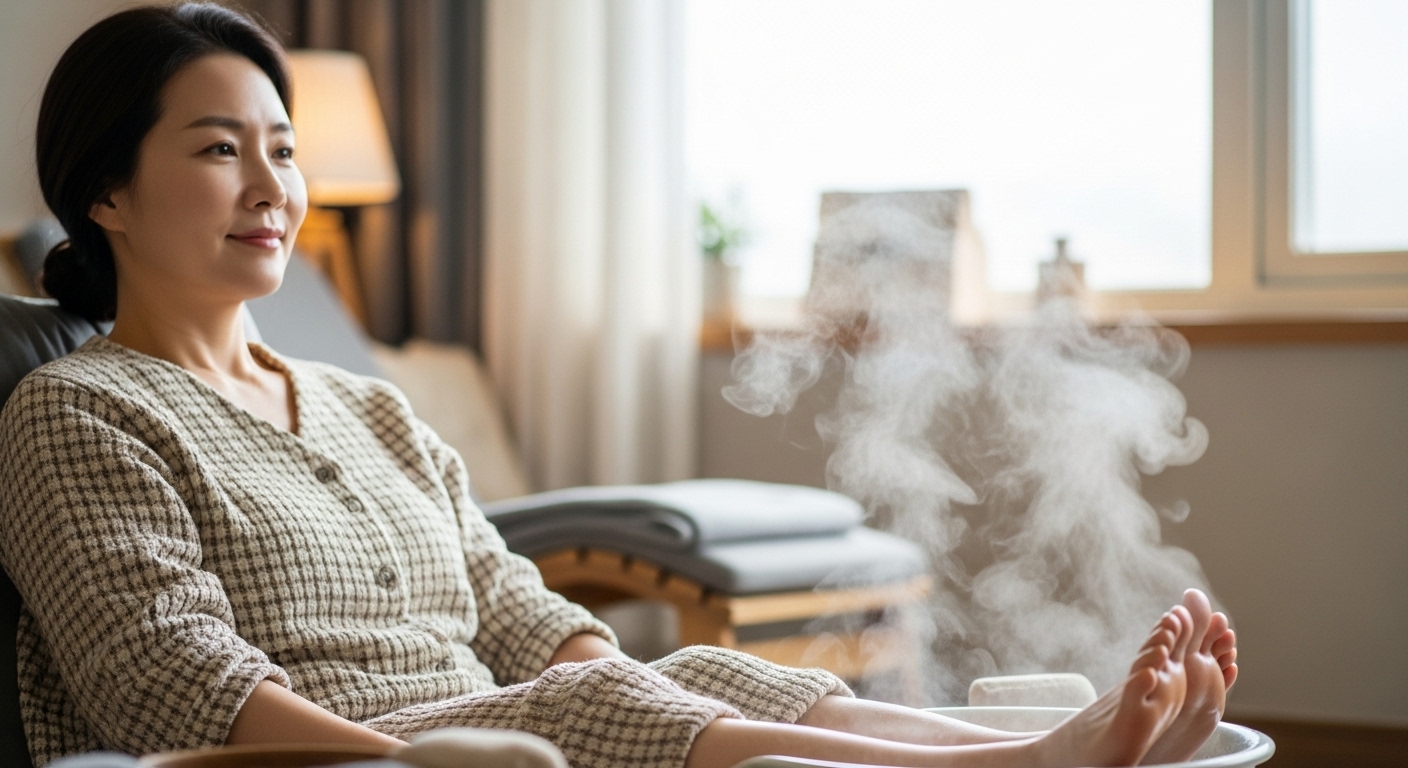 김이 모락모락 나는 따뜻한 물에 발을 담그고 있는 모습