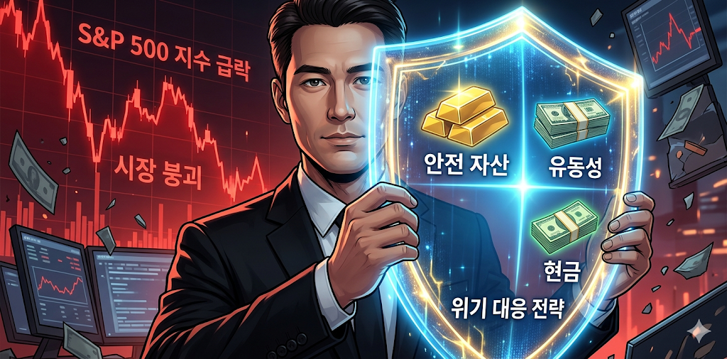 불안하게 요동치는 S&amp;P 500 차트 앞에서 방패(금, 달러, CD ETF)를 들고 여유롭게 웃고 있는 투자자 이미지