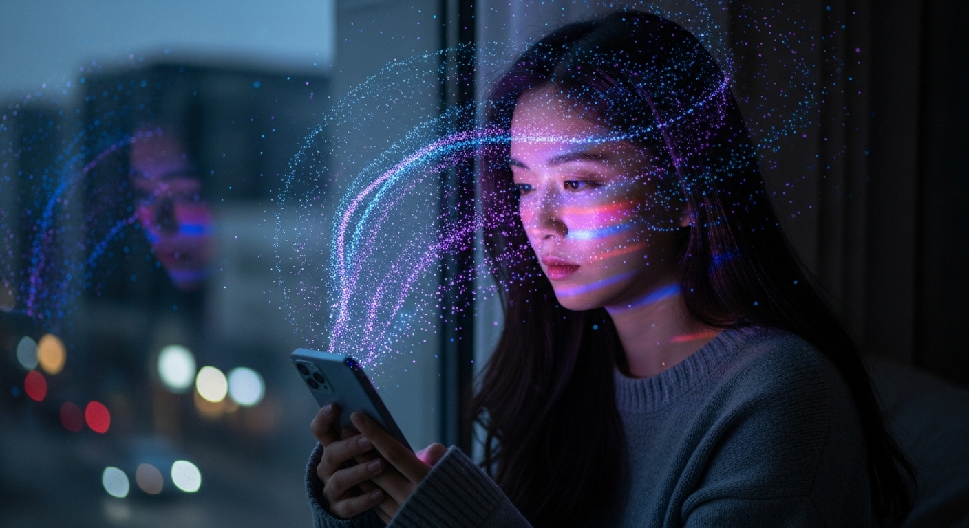 일상 속에서 스마트폰을 사용하며 생성되는 데이터의 흐름과 그 의미를 사색하는 현대인의 모습, 보라색과 파란색의 몽환적인 분위기