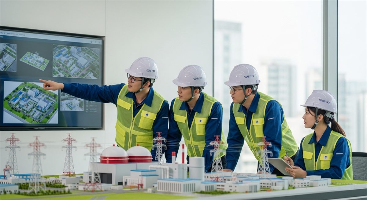 발전소 모형을 보며 회의하는 한국인 엔지니어들