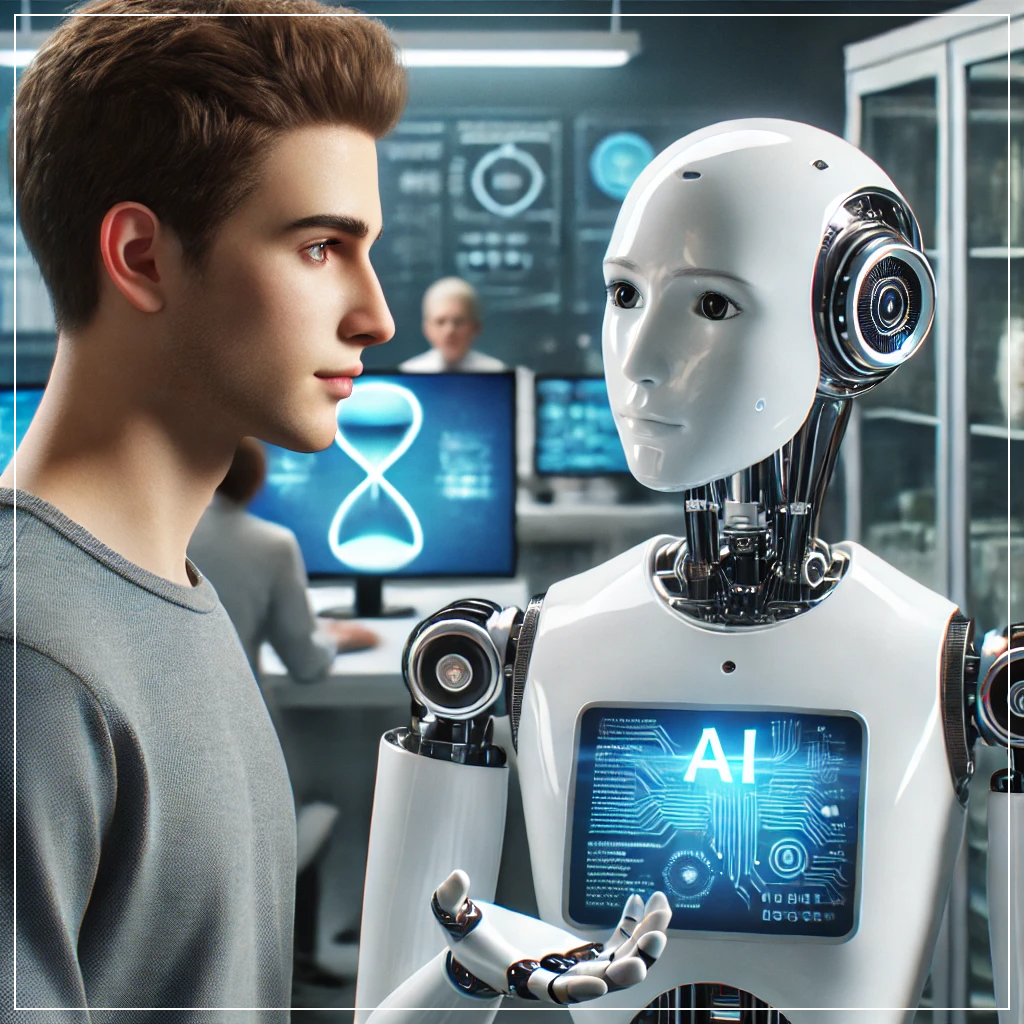 최첨단 연구실에서 인간과 상호 작용하는 AI 기반 휴머노이드 로봇.