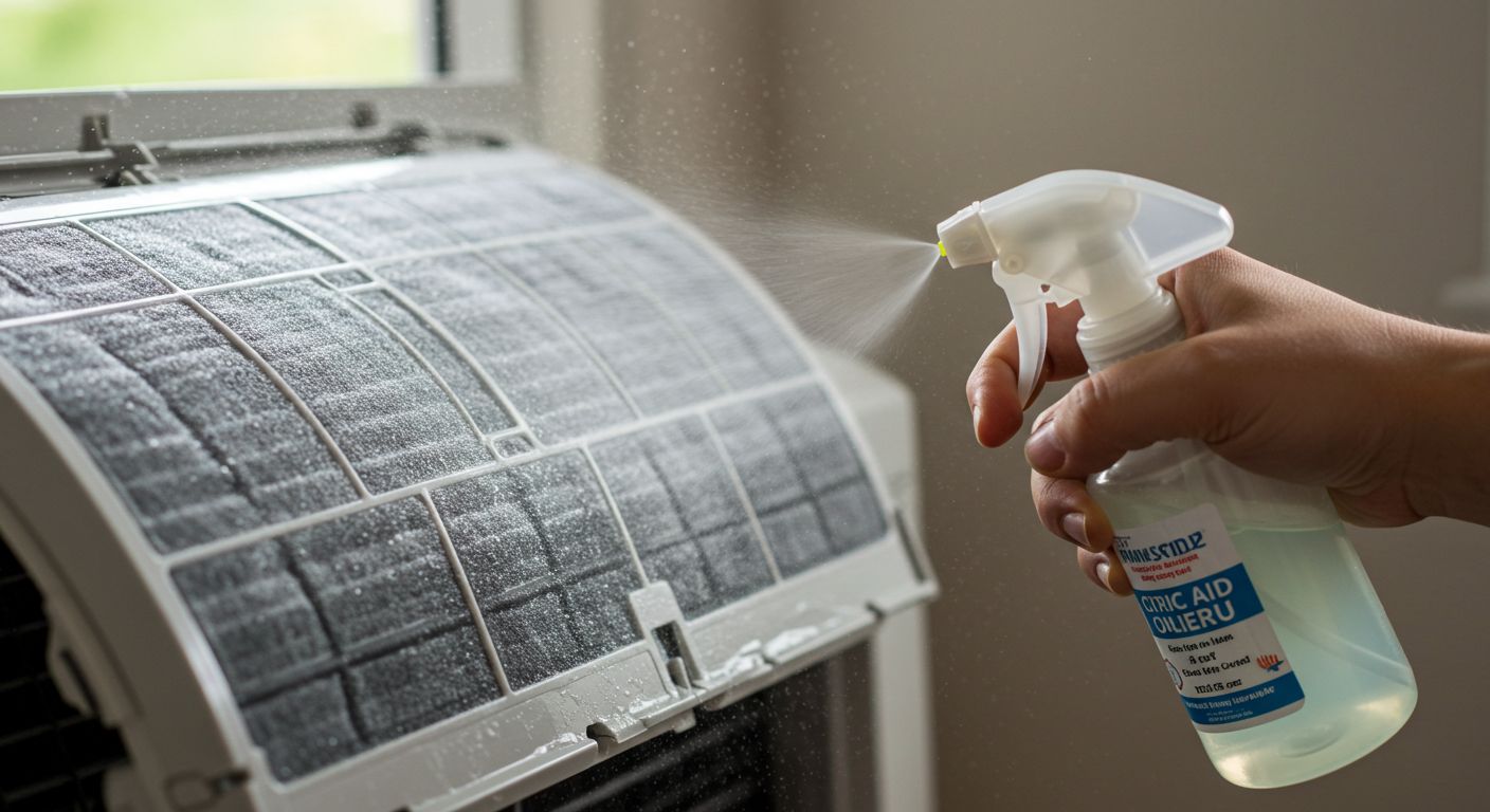 구연산 스프레이로 에어컨 냄새 없애는 장면