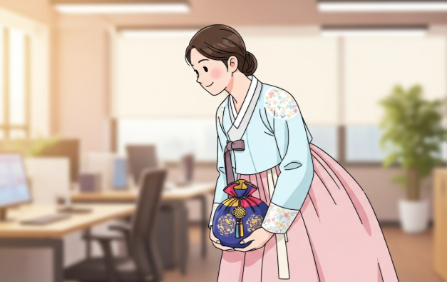 복주머니를 들고 정중하게 인사하는 한복 입은 직장동료 일러스트레이트