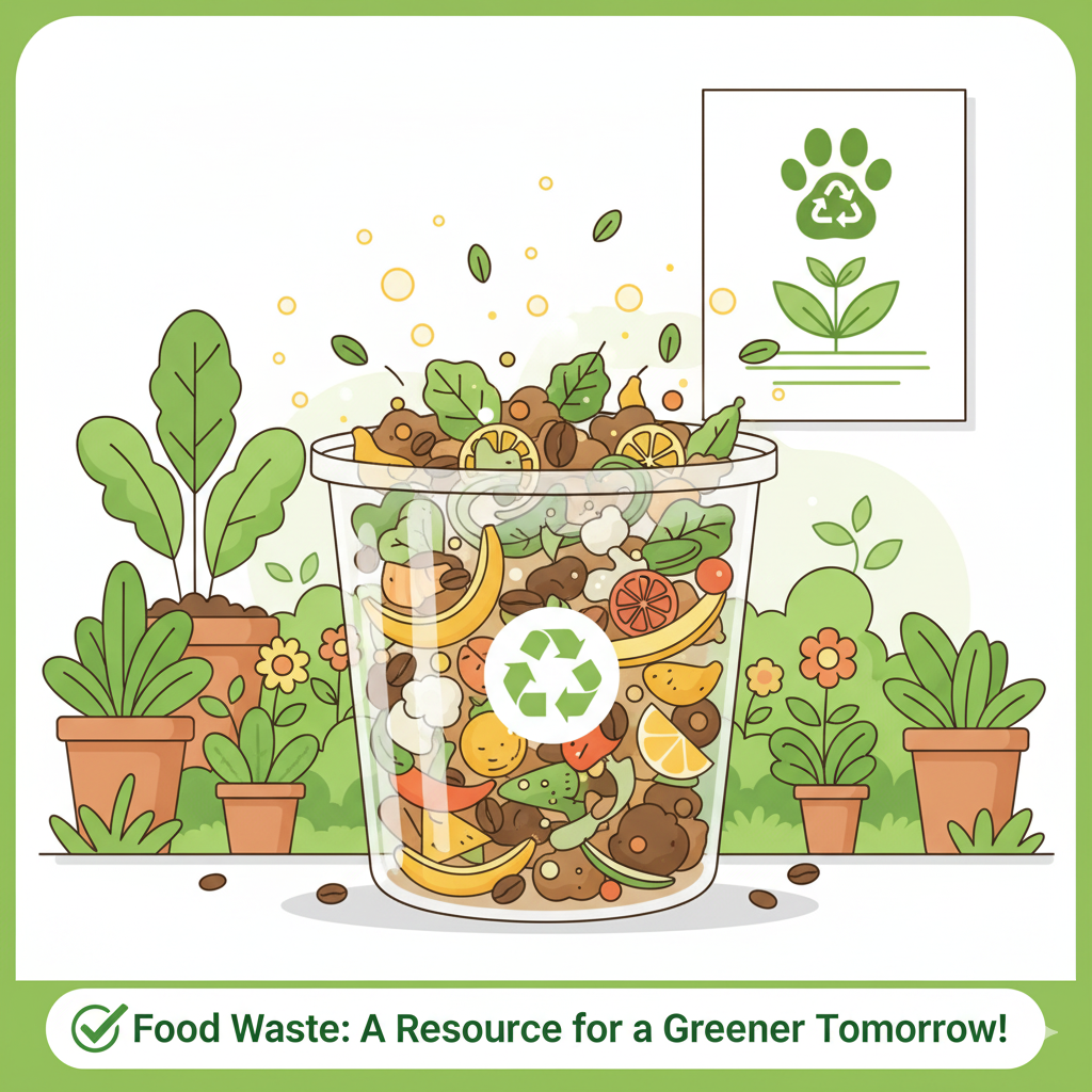 경 일러스트. 하단에는 "Food Waste: A Resource for a Greener Tomorrow!"라는 문구가 적혀 있음.