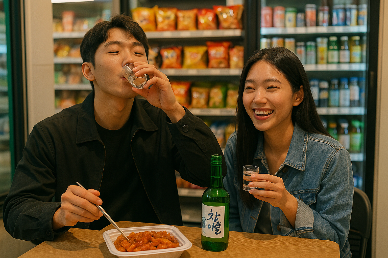 편의점에서 소주를 즐기는 남녀