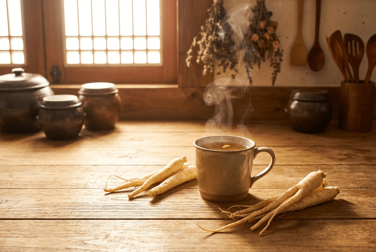 “따뜻한 도라지 진액이 담긴 머그컵과 옆에 놓인 생도라지 뿌리”