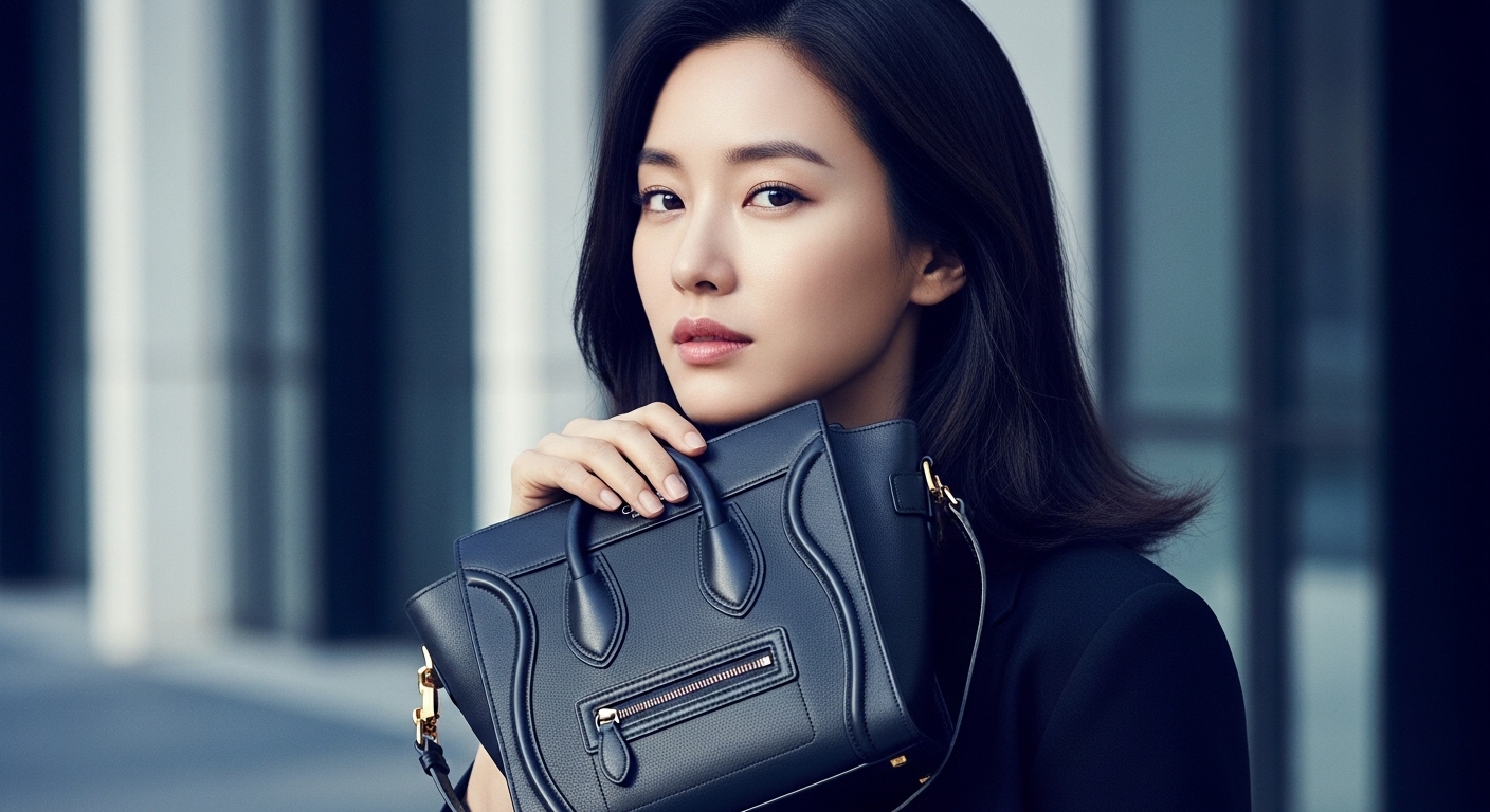 2026년 패션 아이콘 고윤정이 셀린느 트리오페 가방을 들고 세련된 도시 배경에 서 있는 모습