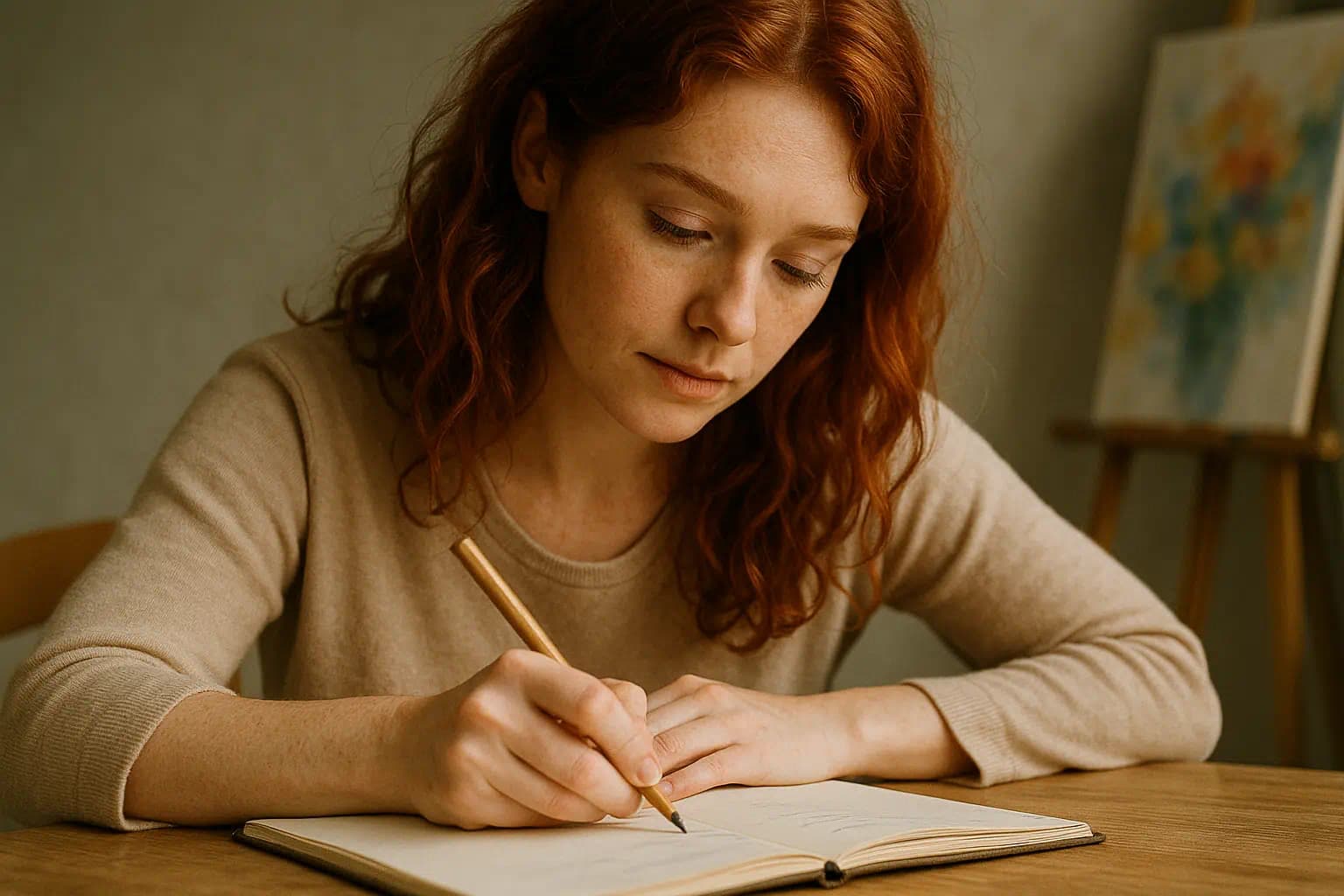 조용한 공간에서 노트에 글을 쓰며 감정을 표현하는 INFP 여성