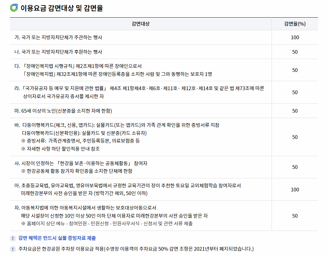 한강 수영장에서 할인받을 수 있는 조건표 이미지