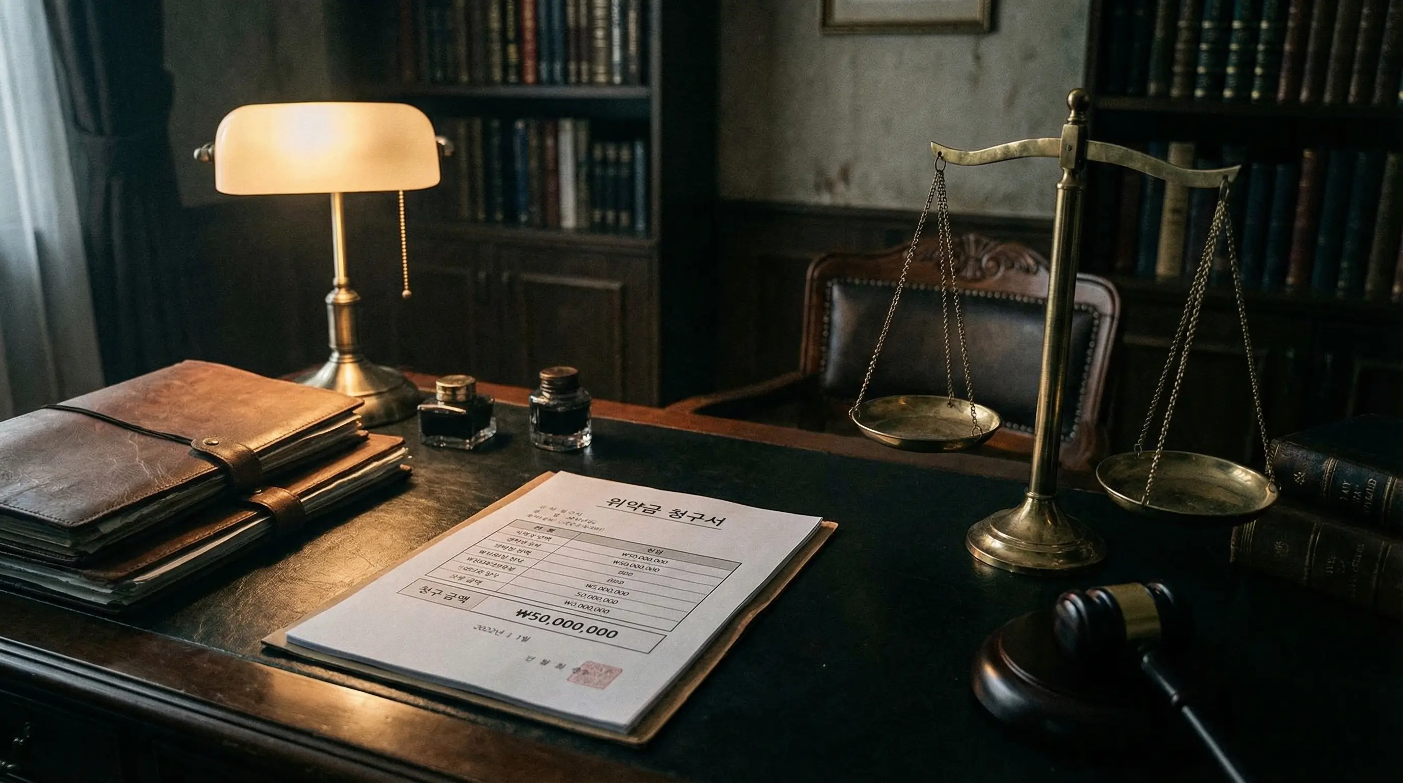 위약금 청구서와 법의 저울이 놓인 무거운 분위기의 책상 이미지