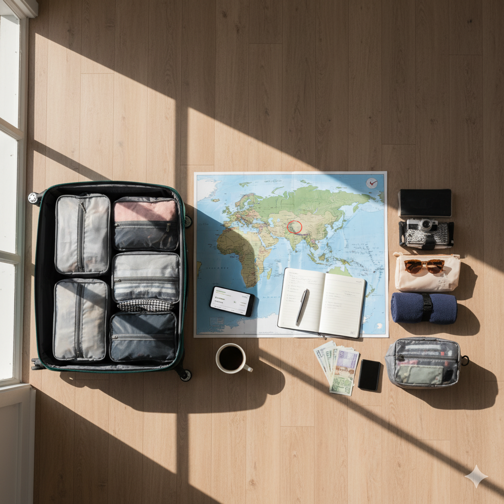여행 전 짐정리와 일정 계획을 세우는 깔끔한 여행 준비 장면을 표현한 이미지 (이미지 생성:google)