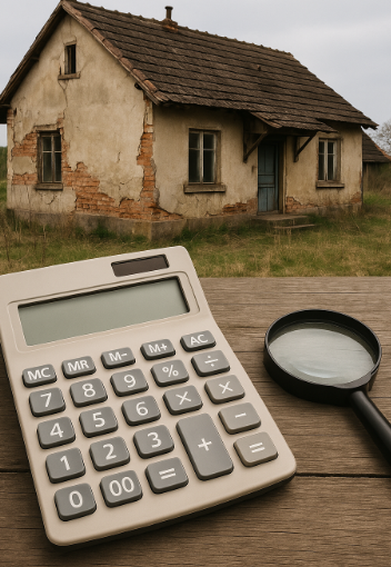"시골 빈집 리모델링 비용을 표현한 일러스트, 낡은 집과 함께 계산기와 돋보기가 배치되어 비용 계산을 상징하는 모습"