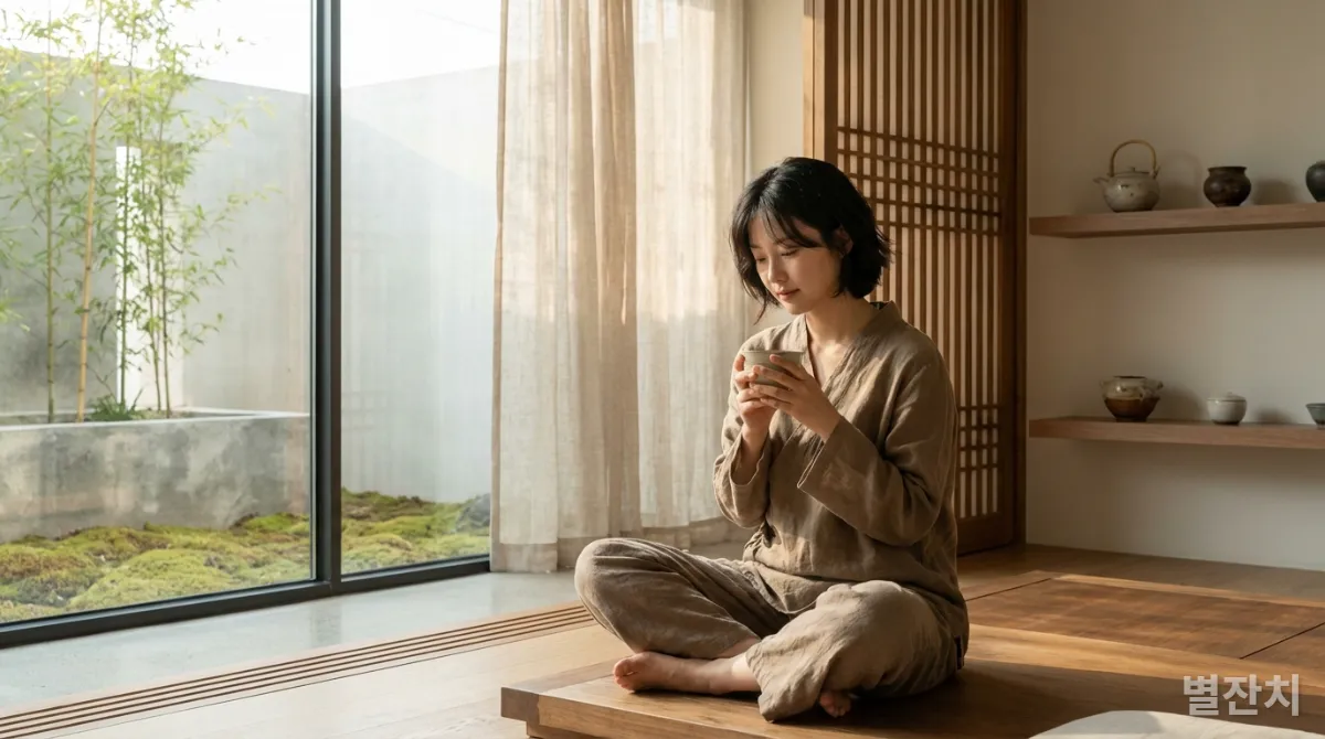 현대적인 한국 찻집에서 차를 마시며 자기 성찰하는 한국 젊은이