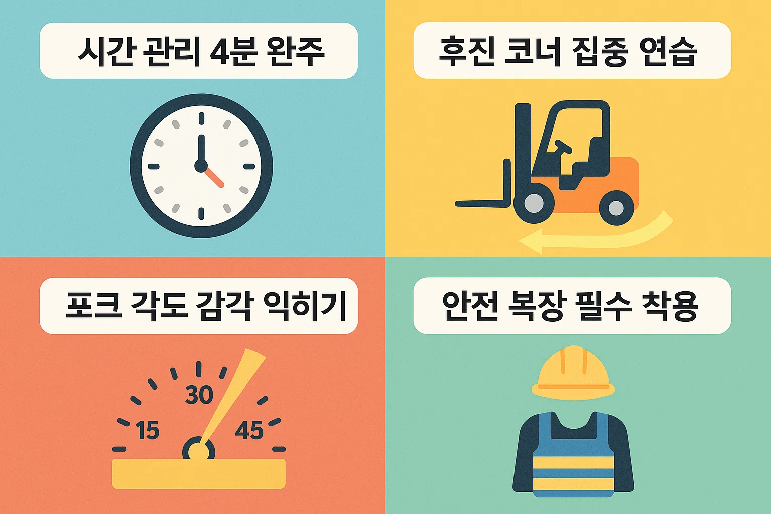 시험 시간 관리, 후진 코너 연습, 포크 각도 감각, 안전 복장 착용 등 지게차운전기능사 실기 합격을 위한 핵심 팁을 정리한 인포그래픽. 실제 시험 대비 경험을 바탕으로 한 실전형 요약 자료.