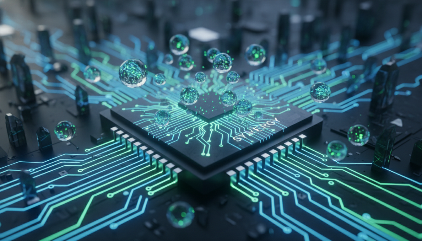 AI 반도체와 양자컴퓨터 큐비트의 강력한 기술적 시너지를 나타내는 마이크로칩