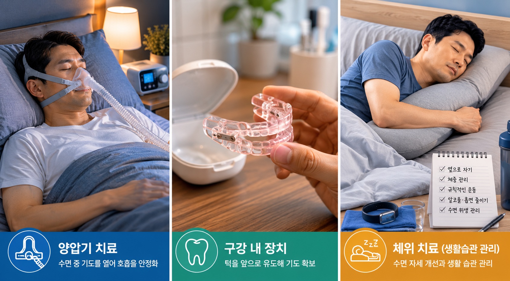 양압기 치료와 구강내 장치, 체위 치료를 비교한 수면무호흡증 치료 방법 이미지