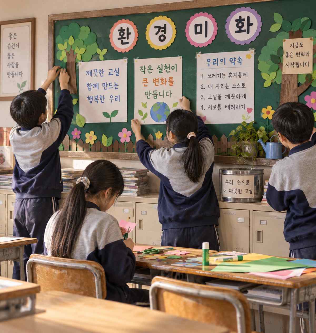 학생들이 거의 완성된 환경미화 게시판의 장식과 균형을 마지막으로 확인하는 모습
