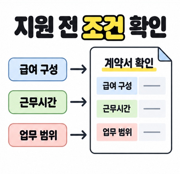 급여 구성과 근무시간과 업무 범위를 계약서의 같은 항목과 맞춰 확인하는 대응 도식