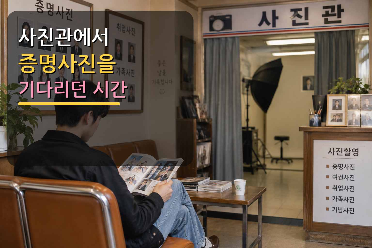동네 사진관 대기 의자에서 증명사진 촬영을 기다리는 사람과 촬영실, 증명사진 견본