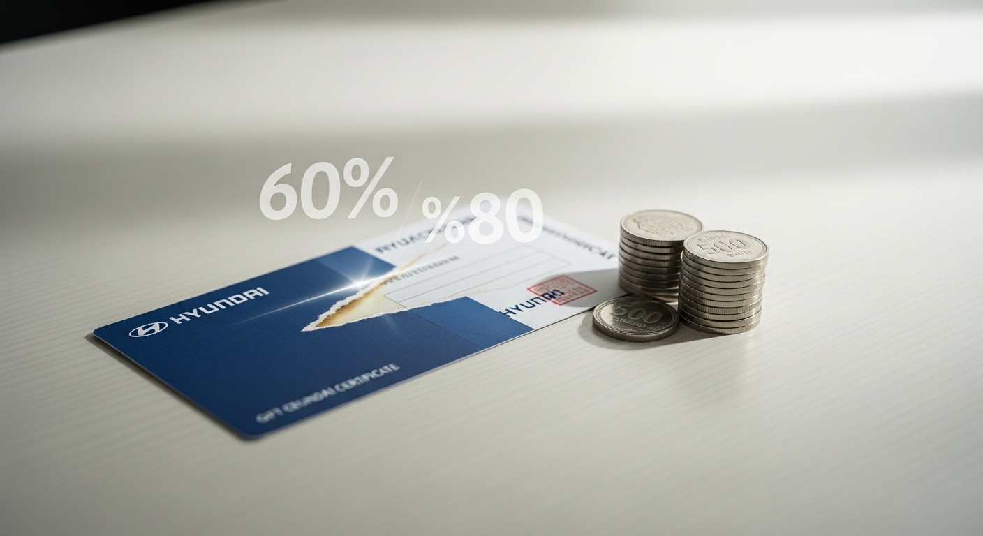 부분적으로 사용된 현대상품권과 현금 잔돈, 60% 환불 규정을 시각적으로 나타내는 이미지