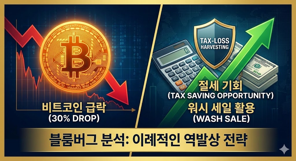 비트코인이 30% 급락하는 하락장 차트와 대비하여, 계산기와 절세(Tax-Loss Harvesting) 방패 아이콘을 통해 '워시 세일' 규제 예외를 활용한 역발상 절세 기회를 설명하는 블룸버그 분석 기반의 블로그 썸네일 이미지