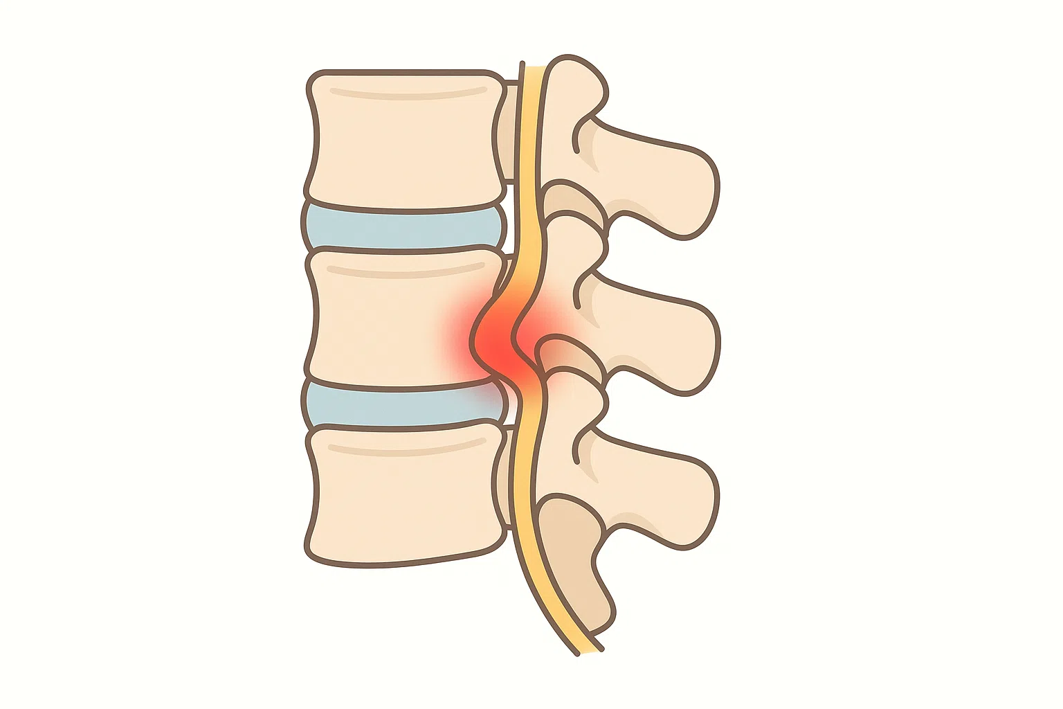 경추 해부학 단면 의료 일러스트, 경추 사이의 디스크가 돌출되어 신경을 압박하는 모습 강조
