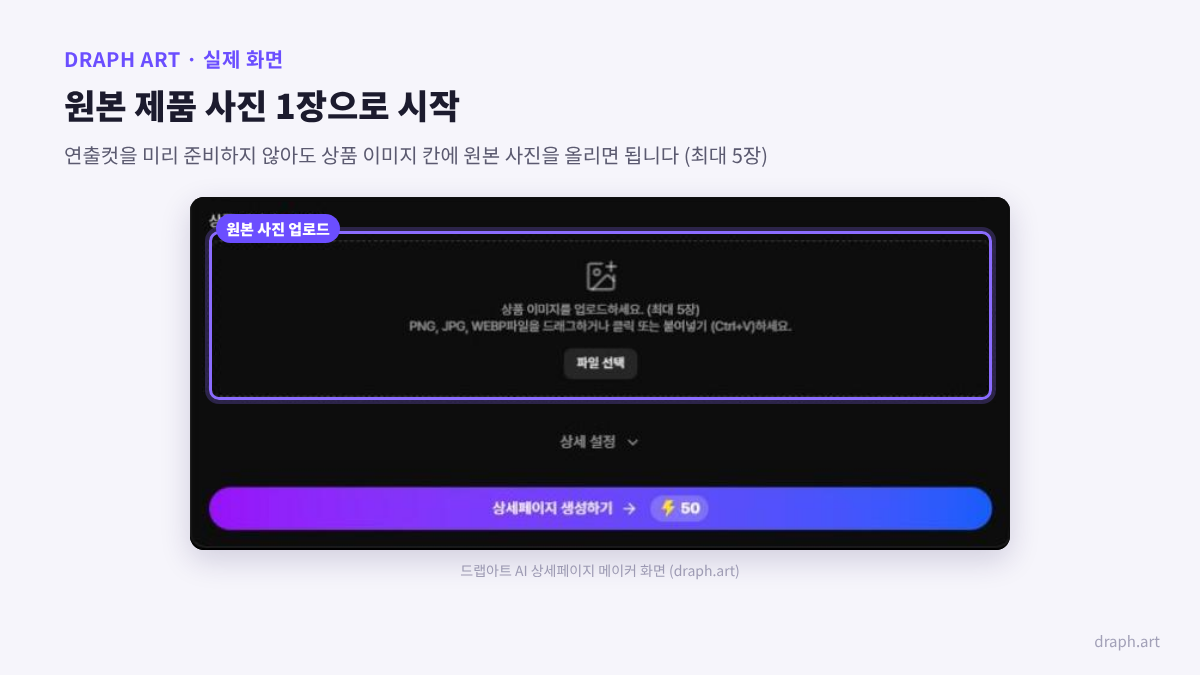후커블 후기 상세페이지 제작 가이드: 드랩아트 상세페이지 메이커에 원본 제품 사진 1장을 업로드하는 화면