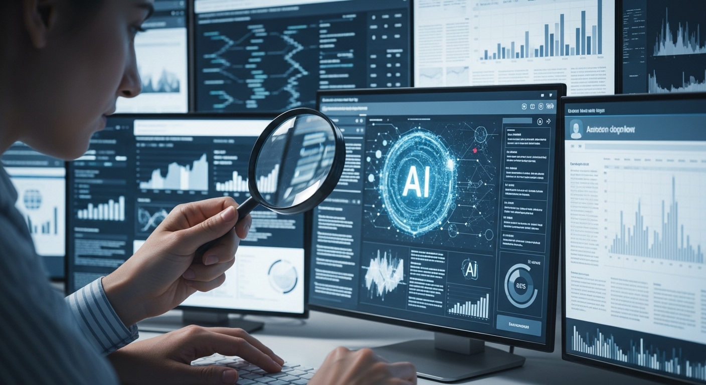 AI 콘텐츠의 팩트 체크와 신뢰성 검증 과정을 상징하는, 사람이 돋보기로 화면을 확인하는 모습.