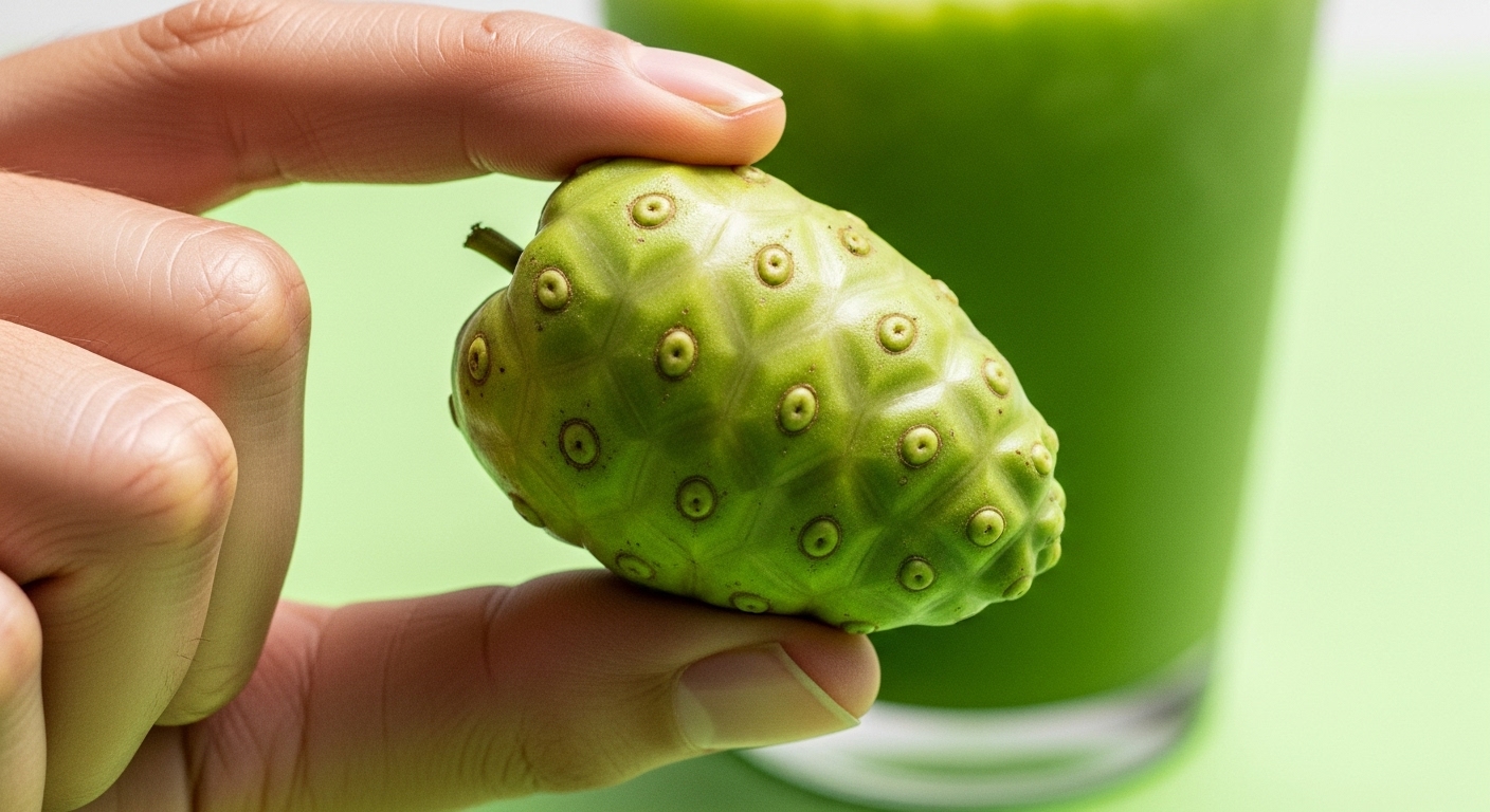 건강한 면역력을 상징하는 신선한 노니 열매를 들고 있는 모습