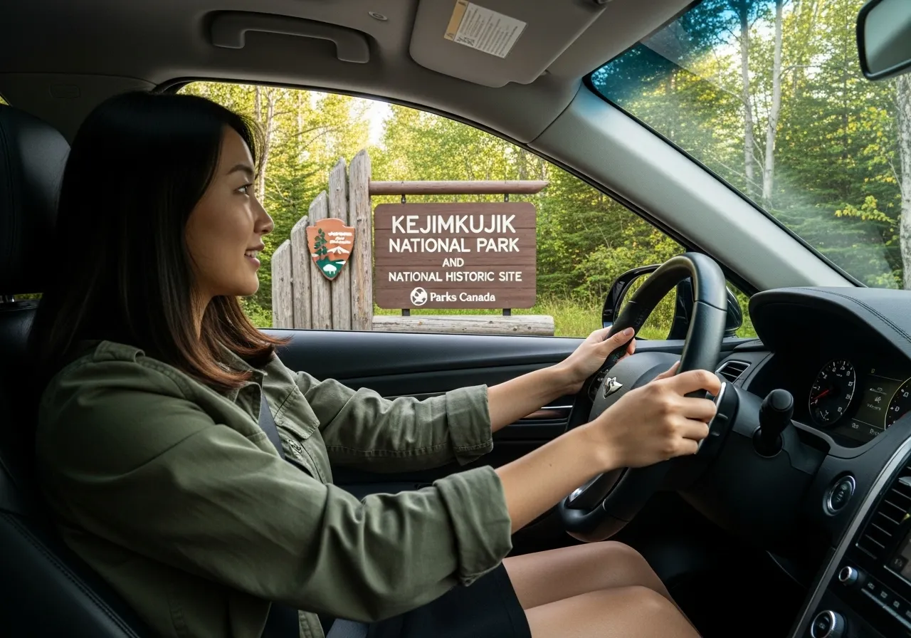젊은 한국인 여성이 제네시스 GV70 SUV를 운전하며, 'Kejimkujik National Park and National Historic Site'라고 쓰인 공원 입구 사인을 지나치고 있다
