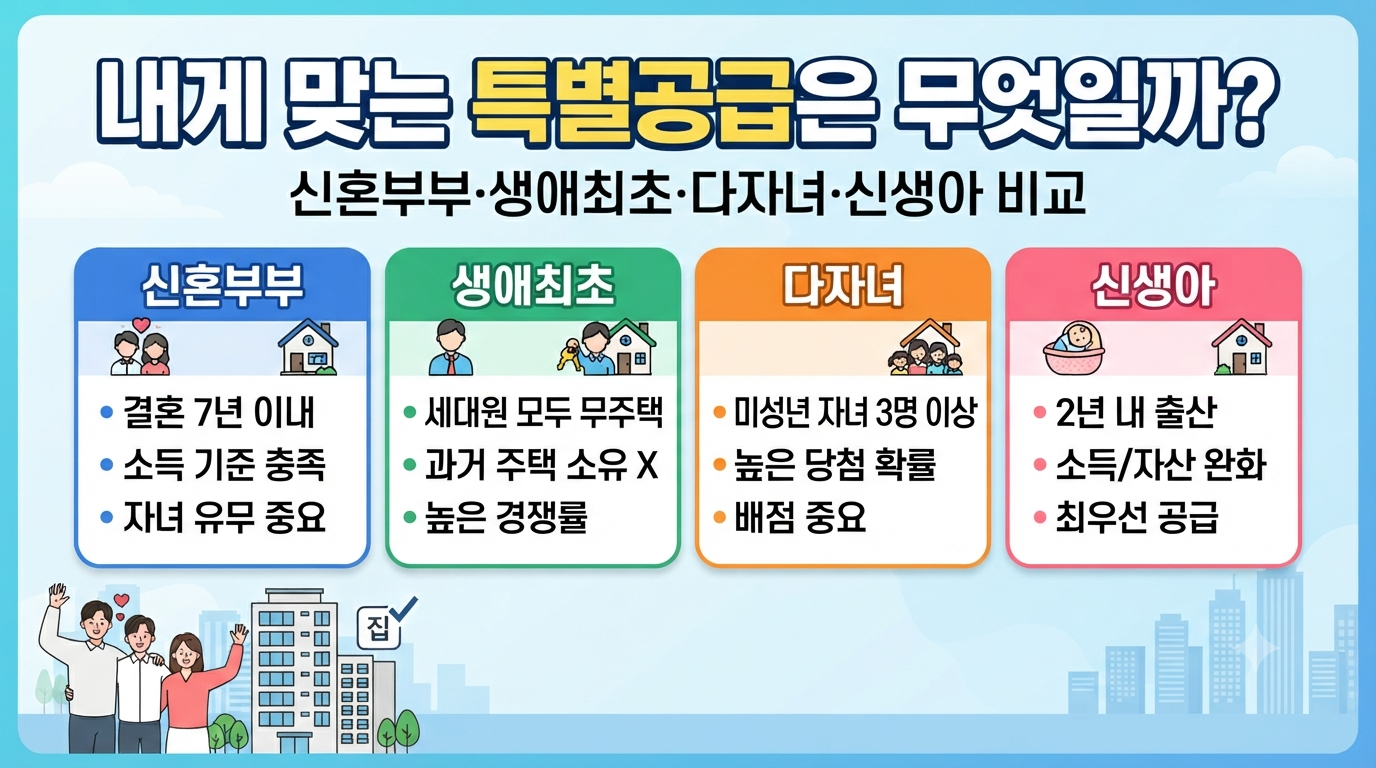 신혼부부, 생애최초, 다자녀, 신생아 특별공급의 핵심 조건을 한눈에 비교하는 이미지