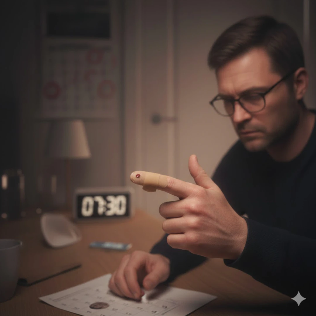 손이나 발에 있는 작은 상처 부위에 밴드를 붙이고 있지만&amp;#44; 붉은 기가 남아있거나 염증처럼 보이는 모습입니다. 주변에 시계나 달력이 있어 시간이 흘러도 상처가 회복되지 않는다는 점을 부각합니다.