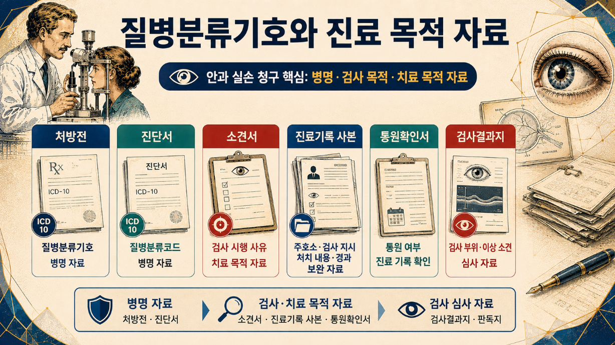 안과 실손 청구에서 질병분류기호, 진단서, 소견서, 진료기록 사본, 검사결과지의 역할을 구분한 인포그래픽