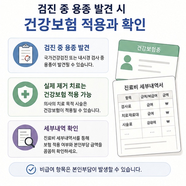 건강검진 대장내시경 중 용종을 발견해 제거한 치료 부분에는 건강보험이 적용될 수 있음을 설명한 이미지