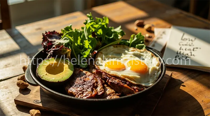 저탄고지의 식단으로 녹색 채소, 아보카도, 달걀 등 이미지.