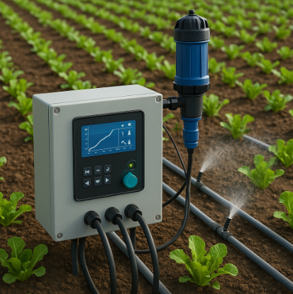 밭에서 자동 시비 시스템이 작물에 물과 비료를 동시에 공급하는 모습