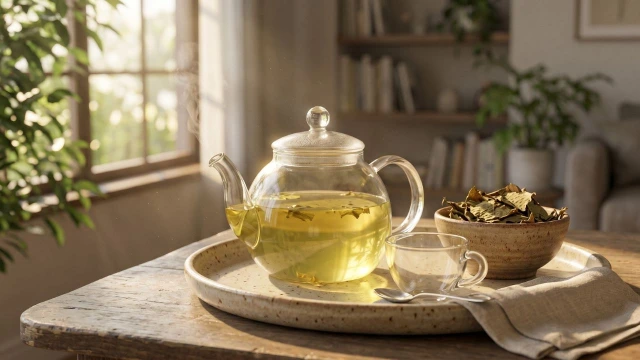 완성된 덖음 연잎차 우리기, 찻주전자에 담긴 구수한 연잎차