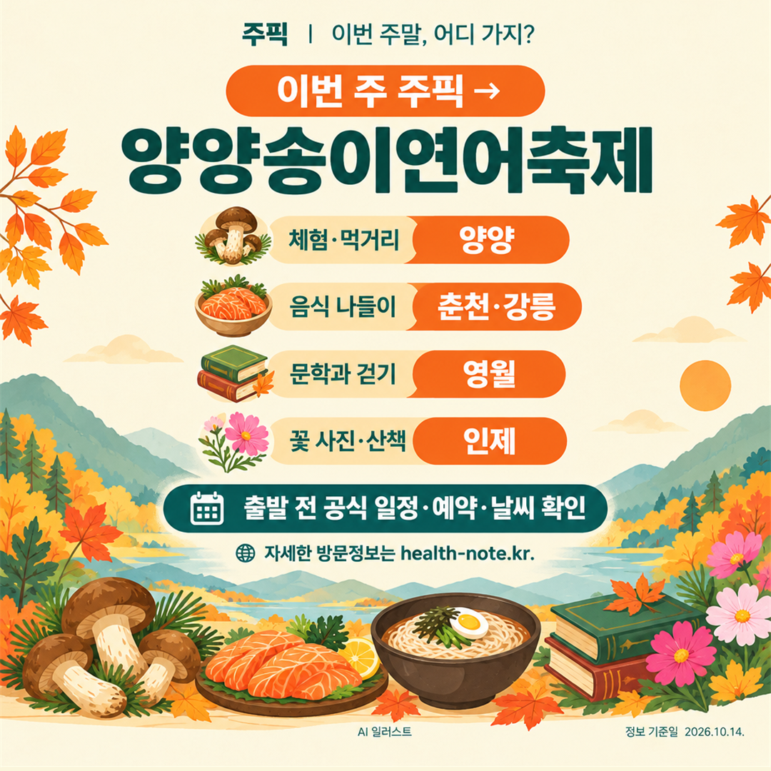 양양을 이번 주 주픽으로 선정하고 여행 목적별 5곳을 요약한 카드뉴스