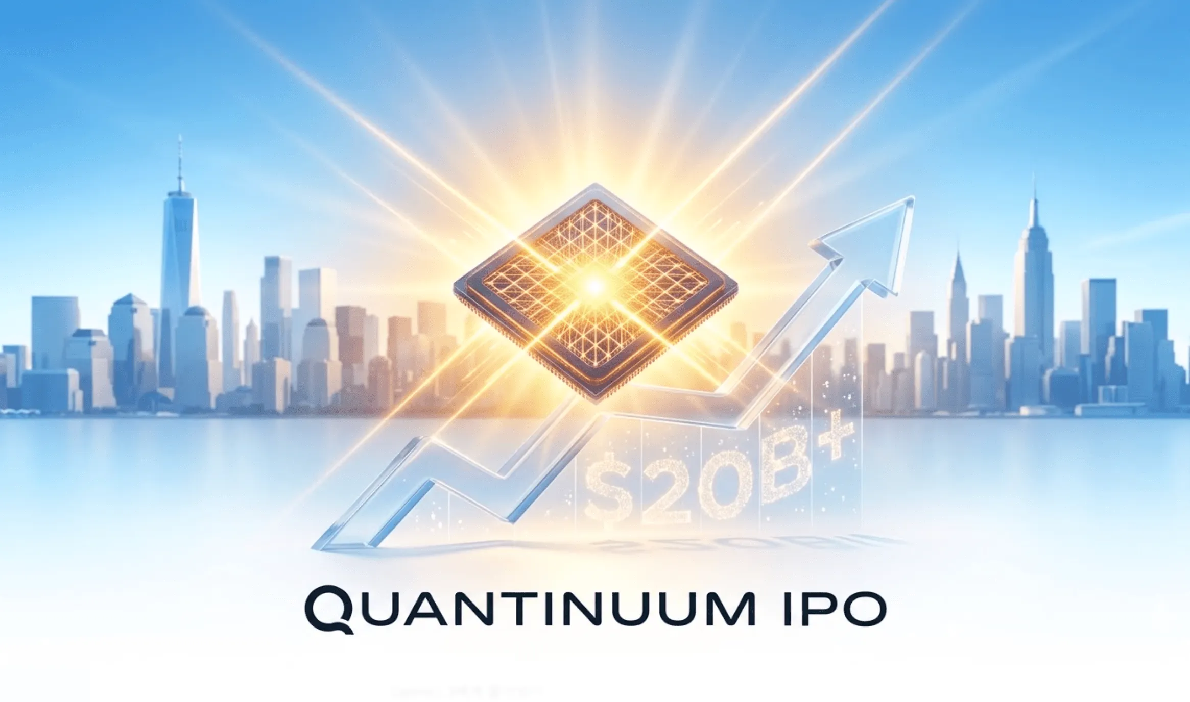 퀀티넘 IPO: 현대적인 스카이라인을 배경으로, Quantinuum의 IPO를 상징하는 미래적인 3D 렌더링 이미지입니다. 중앙에는 강력한 황금빛을 내뿜으며 태양처럼 떠오르는 큐비트 프로세서(Helios 양자 컴퓨터)가 있고, 그 뒤로 투명한 유리 상승 그래프 화살표가 뻗어 있습니다. 그래프 아래에는 '$20B+'라는 텍스트가 희미하게 새겨져 200억 달러 이상의 기업가치를 나타냅니다. 이미지 하단에는 'QUANTINUUM IPO' 텍스트 로고가 명확하게 배치되어 있습니다. (Quantinuum IPO, Helios quantum computer, $20B valuation, quantum computing market growth, financial data graph)