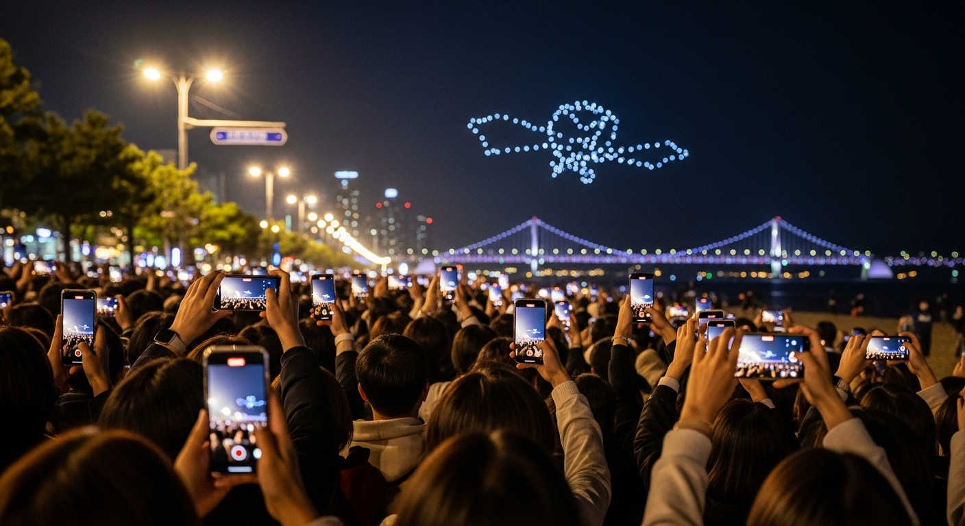 2025년 광안리 해변에서 드론쇼를 관람하며 휴대폰으로 촬영하는 수많은 인파의 모습. 활기찬 분위기가 느껴집니다.