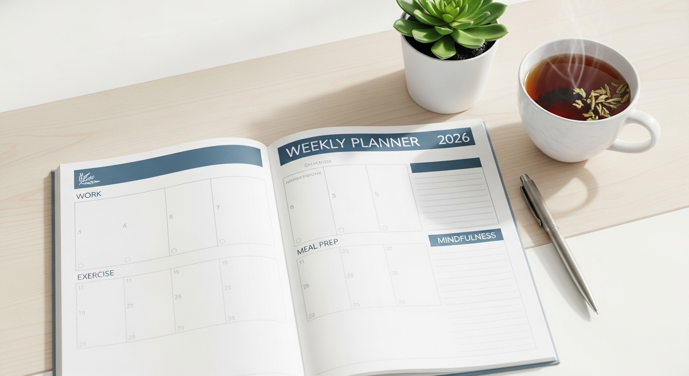 2026년 주간 건강 루틴이 깔끔하게 계획된 플래너와 허브티가 놓인 테이블. 조직적인 건강 관리를 상징한다.
