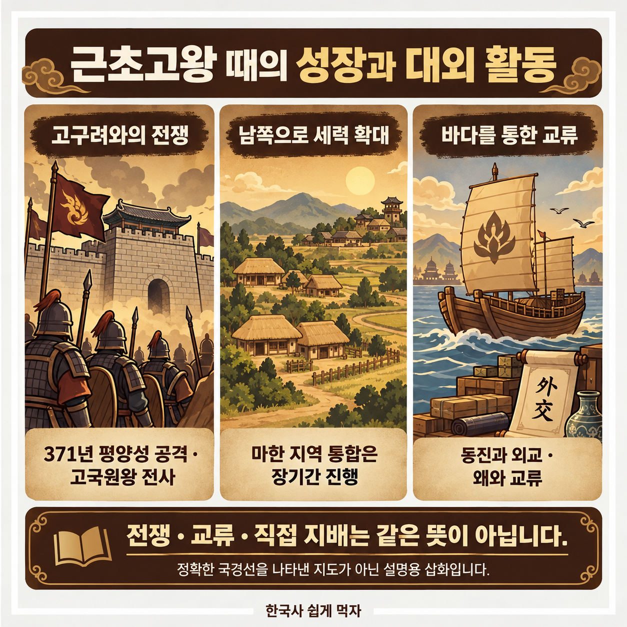 근초고왕 때의 전쟁&middot;남쪽 세력 확대&middot;동진 및 왜와의 교류를 구분한 설명 삽화
