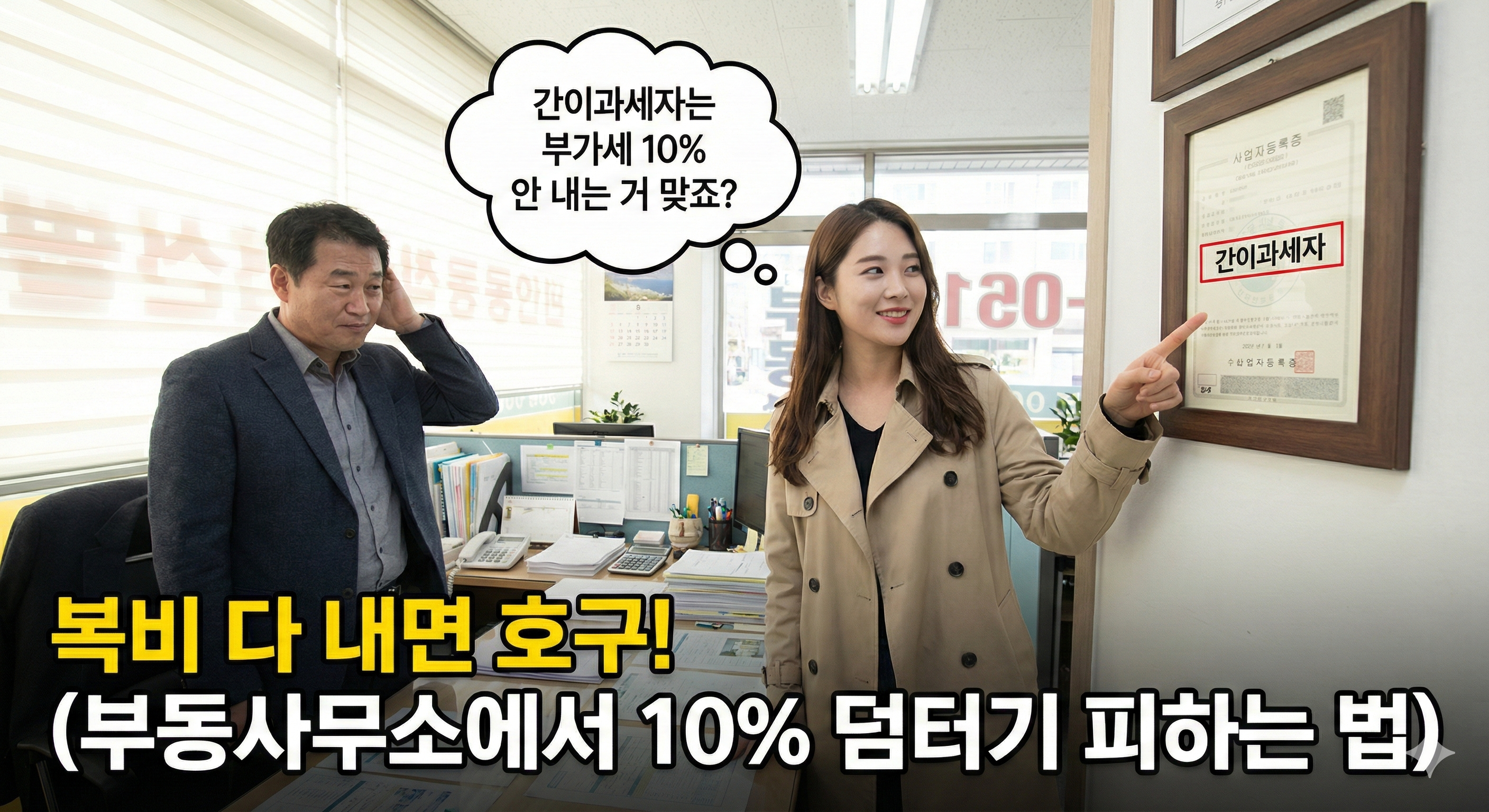 부동산 사무실에서 트렌치코트를 입은 젊은 여성 세입자가 벽에 걸린 '사업자등록증' 액자를 손가락으로 가리키며 환하게 웃고 있는 사진. 사업자등록증에는 빨간색 박스로 '간이과세자'가 강조되어 있다. 중년 남성 공인중개사가 옆에서 난처한 표정으로 머리를 긁적이고 있다. 여성의 머리 위 말풍선에는 '간이과세자는 부가세 10% 안 내는 거 맞죠?'라고 적혀 있다. 이미지 하단에는 '복비 다 내면 호구! (부동사무소에서 10% 덤터기 피하는 법)'이라는 큰 문구가 적혀 있어, 부동산 중개수수료 부가세 면제 팁을 직관적으로 전달한다.