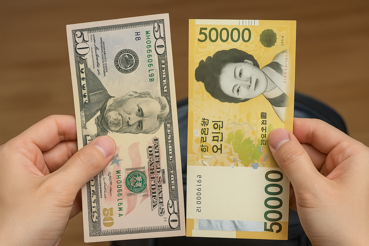 미화와 현지 지폐를 나란히 펼쳐놓은 모습