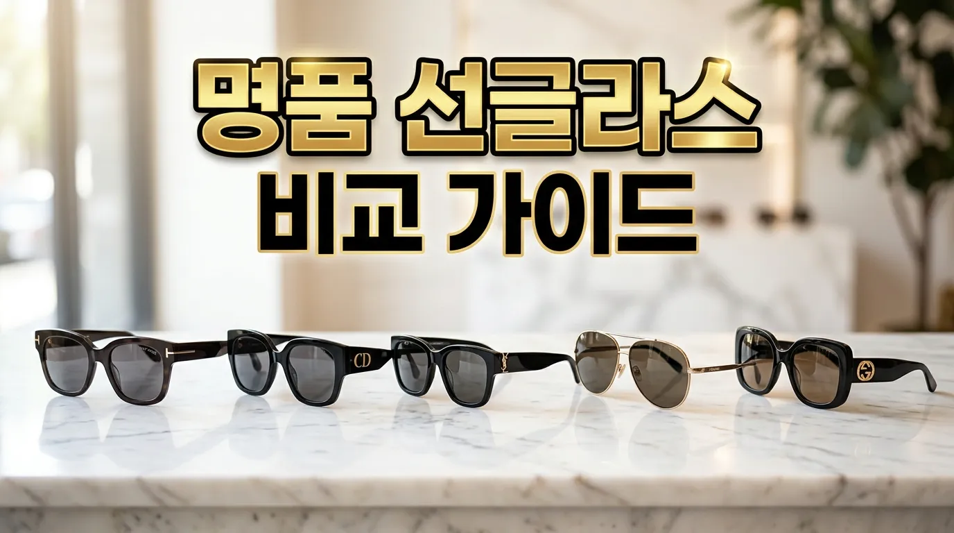 톰포드 디올 생로랑 셀린느 구찌 선글라스 다섯 개가 대리석 위에 나란히 놓인 비교 장면